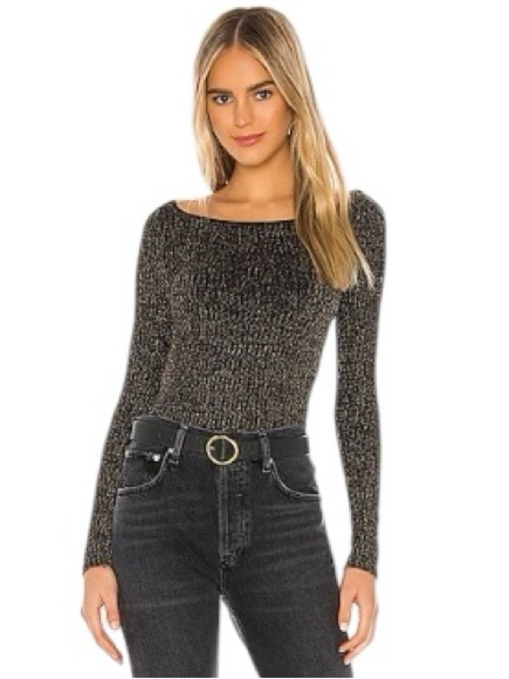 NWT Free People Bodysuit. Sprinkled in Gold Deep Scoop Back Black & Gold Sz. M/L